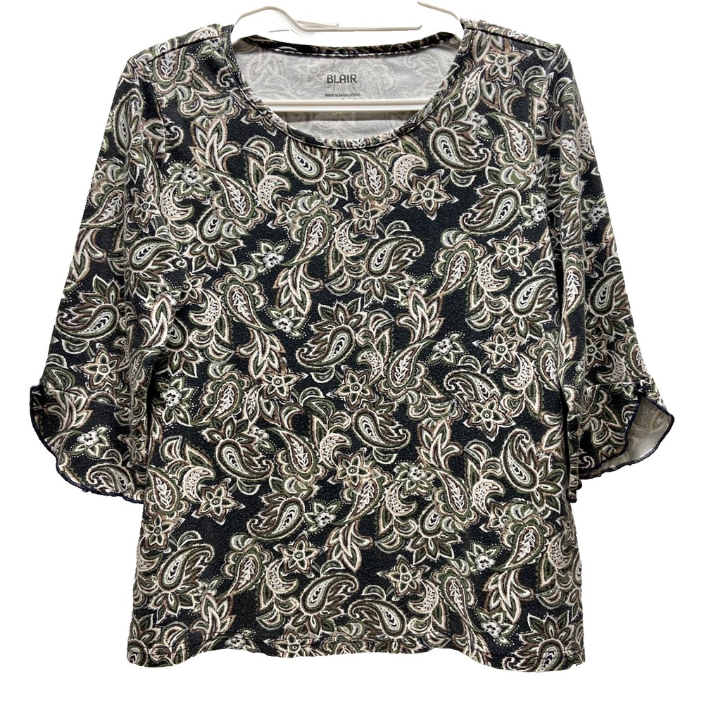 Blair Knit Top Women's Small Green Paisley 3/4 Ruffle Sleeve Cotton Blend GUC